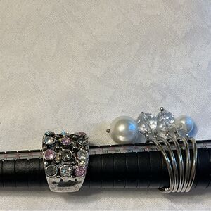 Silver and Pink Crystal Ring and White Faux Pearl Ring
